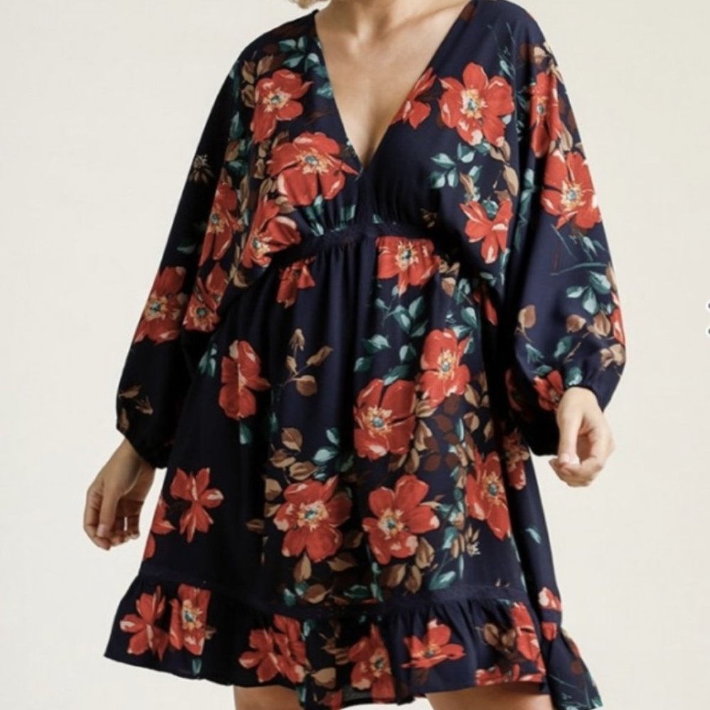 Navy Floral Mix Dress - Plus